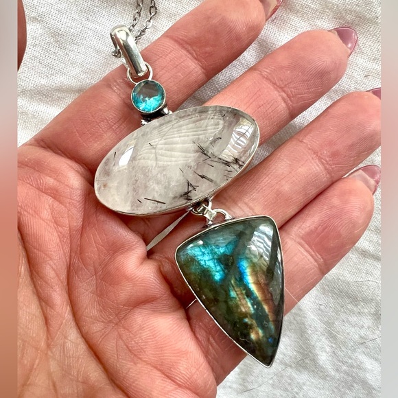 925 WOW WOW! Rainbow FLASH Labradorite + Tourmalated Quart Necklace Pendant